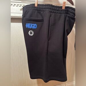 HUGO Black Athletic Men's Shorts with Blue Logo